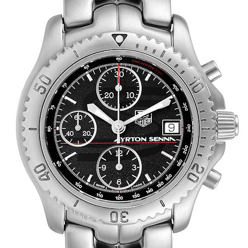 The image shows a front view of the Tag Heuer Link model watch, highlighting its face, bezel, and part of the bracelet.