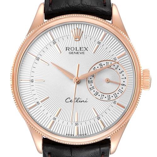 This image shows a front view of the Rolex Cellini watch, highlighting the dial, hands, crown, and part of the leather strap.