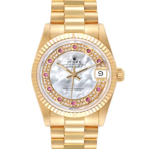 The Rolex President model watch is shown from the front, highlighting the face, bezel, and part of the bracelet.