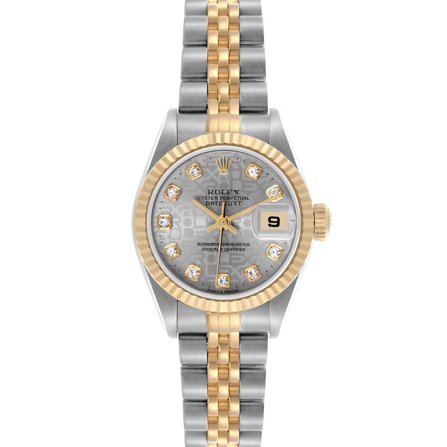 The Rolex Datejust watch is shown from a front angle, highlighting the face, bezel, and part of the bracelet.