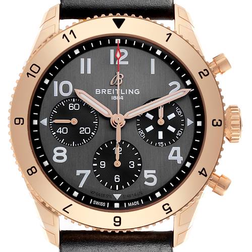 The Breitling Aviator watch is shown from the front, highlighting its dial, bezel, hands, crown, and subdials.