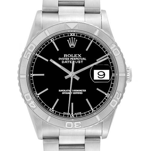 This image shows a front view of the Rolex Turn-o-Graph Oyster Perpetual Datejust watch, highlighting its dial, bezel, and bracelet.
