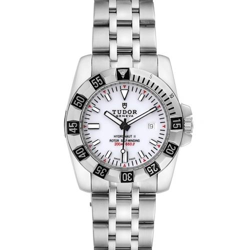 The image shows a front view of the Tudor Hydronaut II watch, displaying its face, bezel, and metal bracelet.