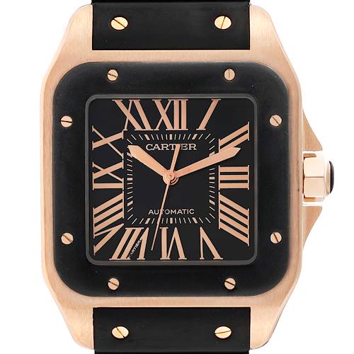 This image shows a close-up front view of a Cartier Santos watch face and part of the strap.