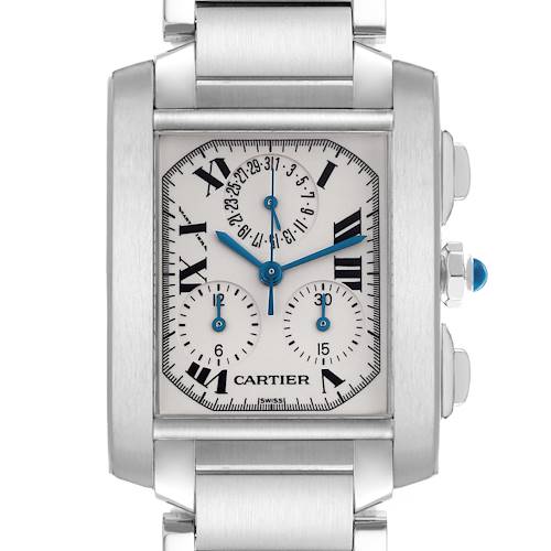 The Cartier Tank Française watch is shown from the front, highlighting its rectangular face, Roman numerals, and chronograph dials.
