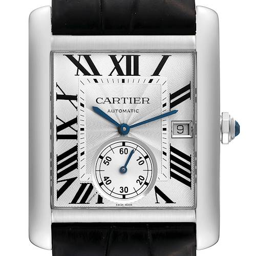 This image shows a front view of the Cartier Tank MC watch, featuring its dial, hands, and crown.