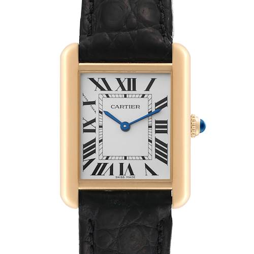 The image shows a close-up, frontal view of the Cartier Tank Solo watch, highlighting the rectangular face, Roman numerals, and leather strap.