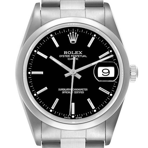 The Rolex Date watch is shown from a straight-on angle, displaying the dial, bezel, case, and bracelet.