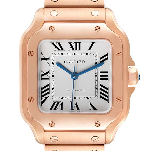 This image shows the dial and part of the bracelet of a Cartier Santos watch, viewed from the front.