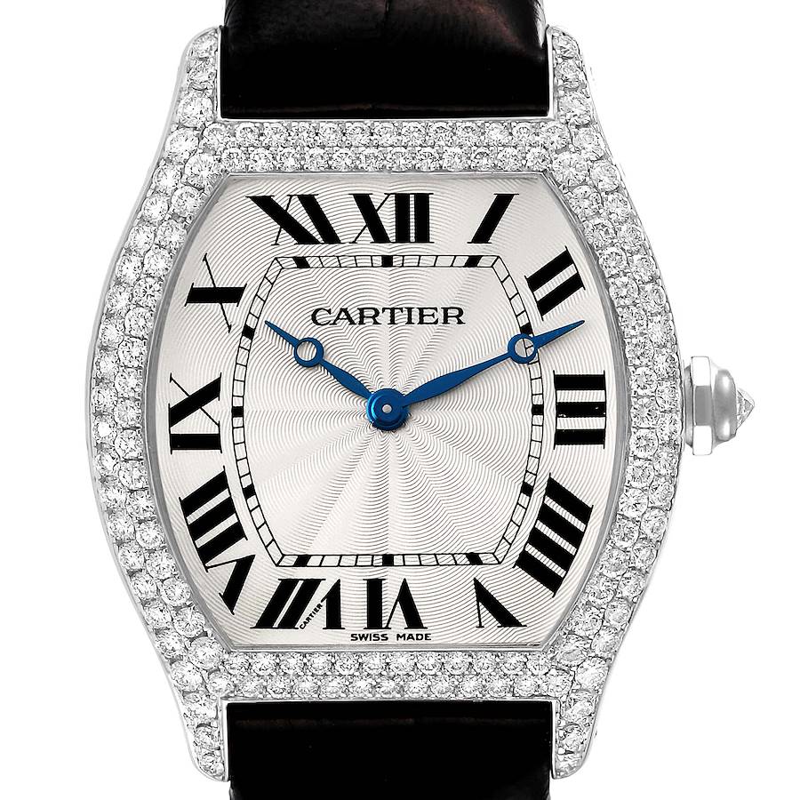 This image shows a front view of the Cartier Tortue watch face and part of the strap.