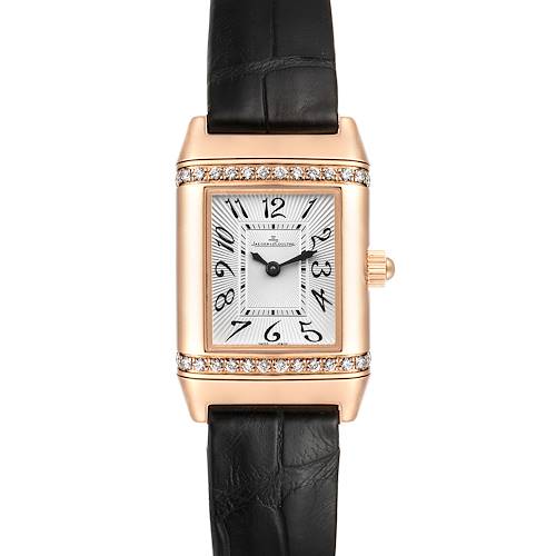 This image shows the front view of a Jaeger LeCoultre Reverso watch with a rectangular face and black leather strap.