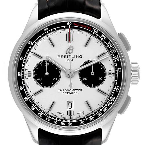 The image shows a front view of the Breitling Premier model watch, displaying the face, hands, subdials, and chronograph features.