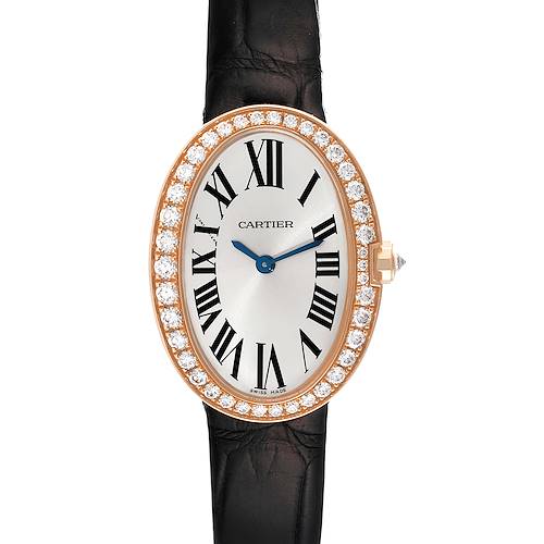 The image shows a front view of a Cartier Baignoire watch, highlighting its diamond bezel, Roman numerals, and black leather strap.