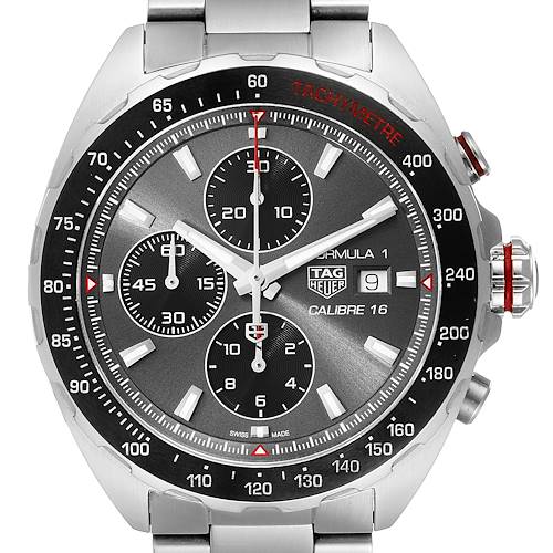 The image shows a frontal view of the Tag Heuer Formula 1 watch, displaying the dial, sub-dials, date window, and bezel.