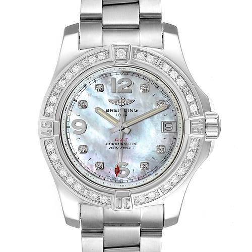 The image shows a front view of the Breitling Colt 36 MOP Diamond Dial Steel Ladies Watch A74389, highlighting its bezel, dial, and bracelet.