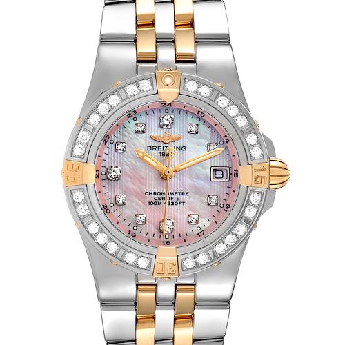 The image shows a frontal view of the Breitling Starliner Steel Yellow Gold MOP Diamond Ladies Watch B71340.
