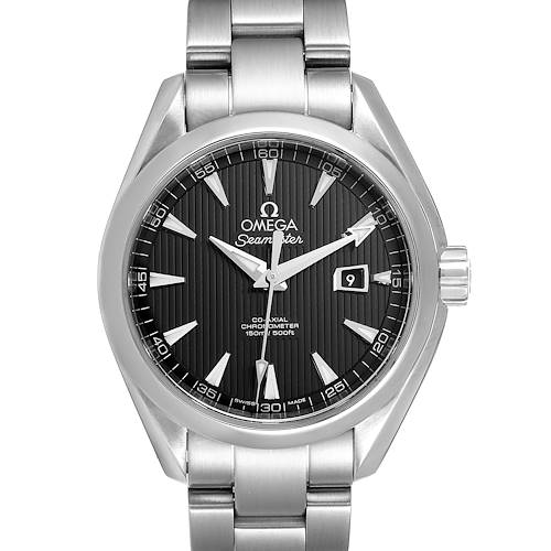 This image shows a front view of the Omega Seamaster Aqua Terra Steel Ladies Watch 231.10.34.20.01.001, displaying its dial, hands, and bracelet.
