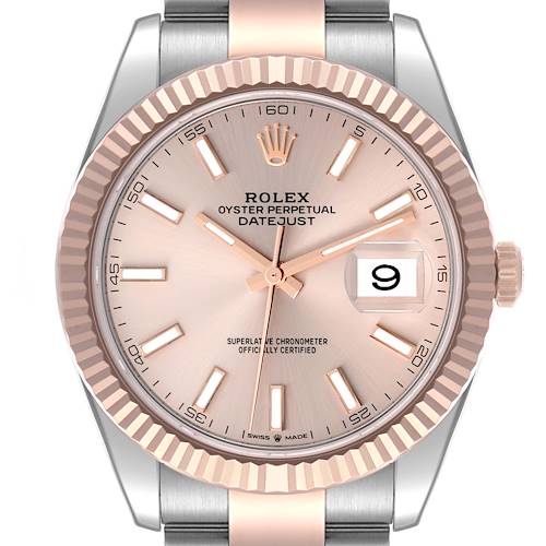 The Rolex Datejust 41 is shown from the front, highlighting its dial, fluted bezel, and date window.