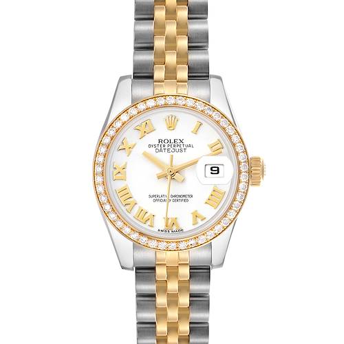 The Rolex Datejust watch is shown from a top view, highlighting the face, bezel, bracelet, and crown.
