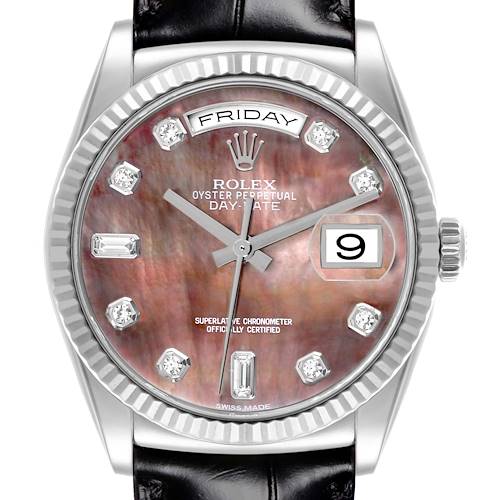 The image shows a frontal view of the Rolex President model, highlighting its dial, bezel, crown, and leather strap.