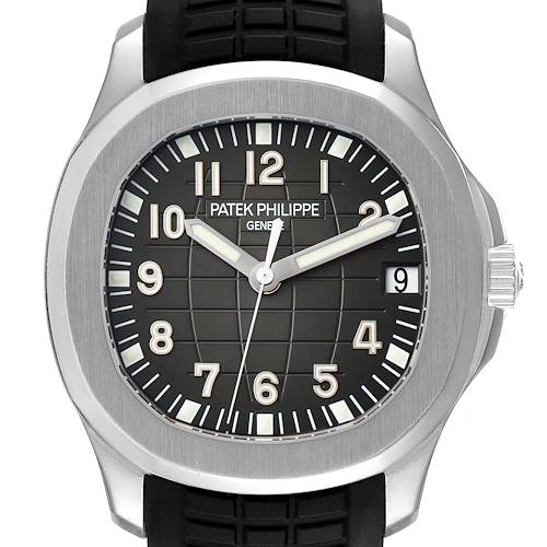 The image shows a front view of the Patek Philippe Aquanaut watch, highlighting its dial, bezel, and black strap.