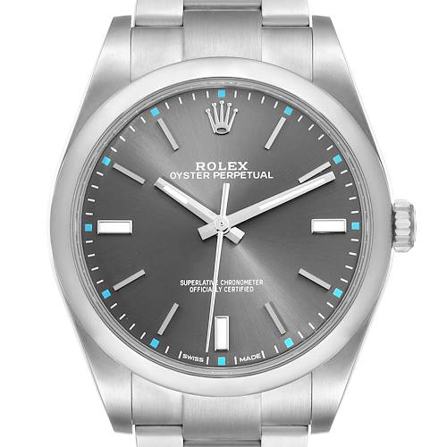 This is a front view of a Rolex Oyster Perpetual watch showing the face and part of the bracelet.