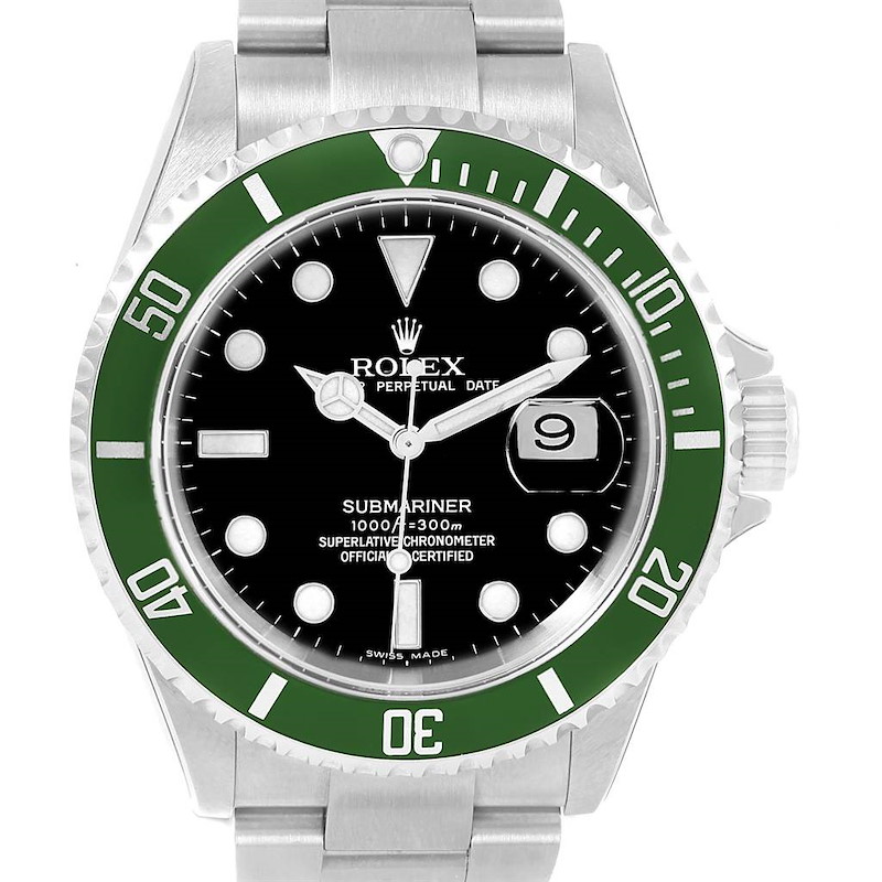 This image shows a front view of the Rolex Submariner, highlighting its bezel, dial, hands, and bracelet.