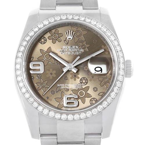 This image shows a front view of a Rolex Datejust watch, highlighting its face, bezel, and part of the bracelet.