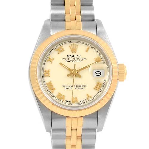 This image shows a front view of the Rolex Datejust watch, highlighting its dial, bezel, bracelet, and date window.