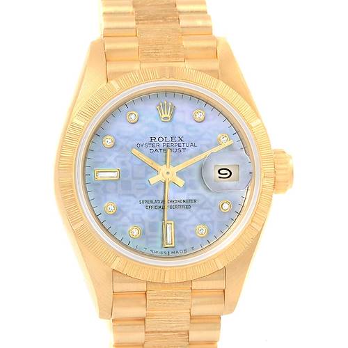 This image shows a front view of a Rolex Datejust watch with a gold bracelet and a blue dial.