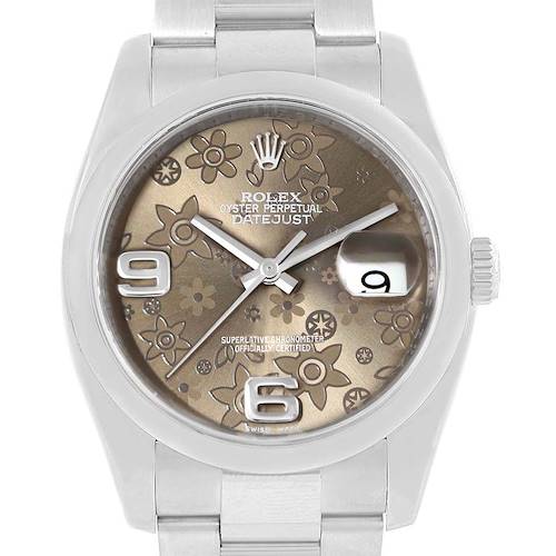 The image shows a frontal view of the Rolex Datejust watch, highlighting its floral-patterned dial and date window.