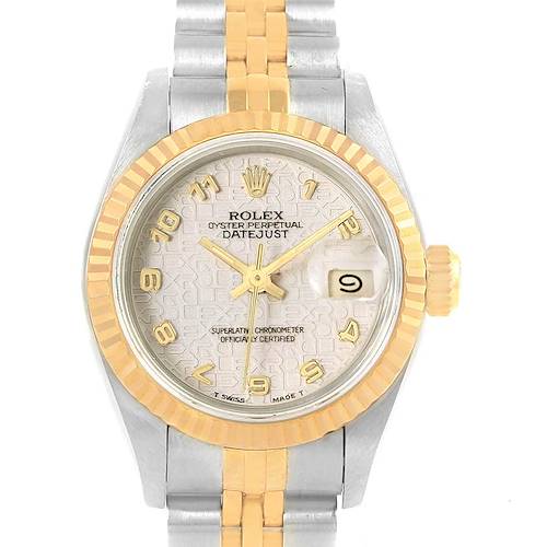 The image shows a front view of a Rolex Datejust watch, highlighting its gold bezel, crown, and two-tone metal band.