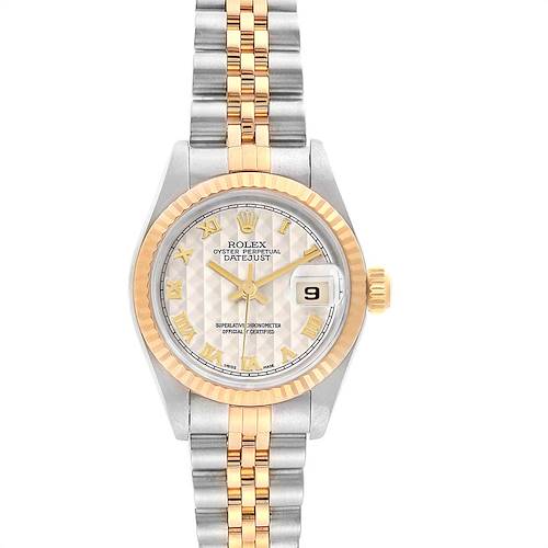 This image shows a front view of a Rolex Datejust watch with a silver and gold bracelet and a fluted gold bezel.