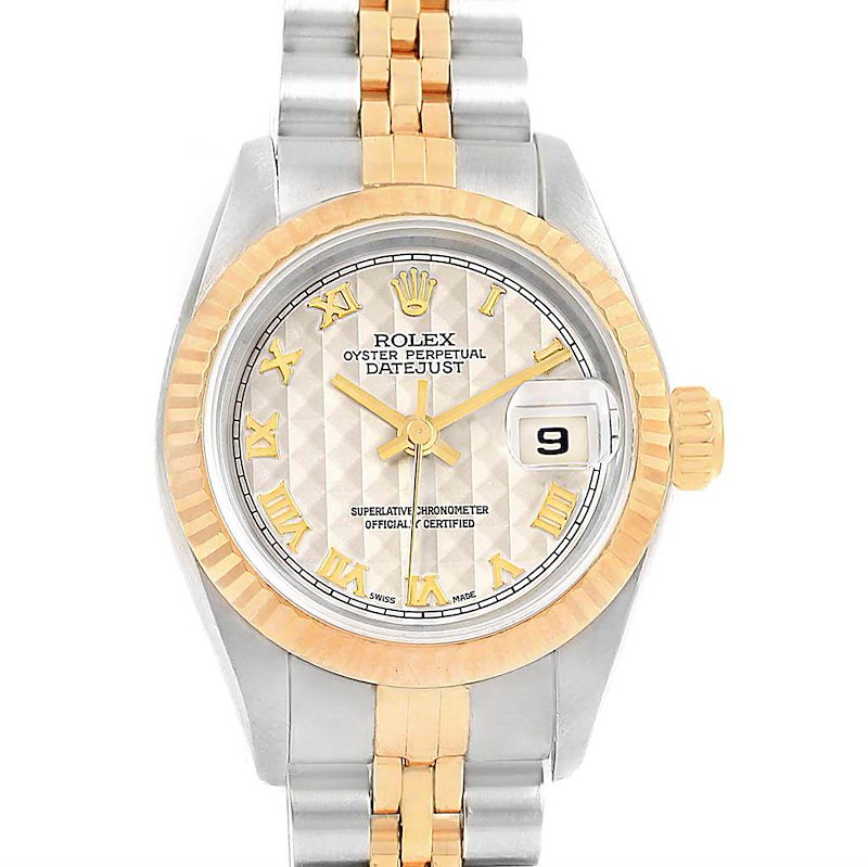 The image shows a Rolex Datejust watch with a frontal view, highlighting the two-tone bracelet, bezel, dial, and date display.