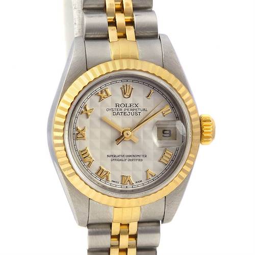 The image shows a frontal view of a Rolex Datejust watch, displaying the face, bezel, and part of the bracelet.
