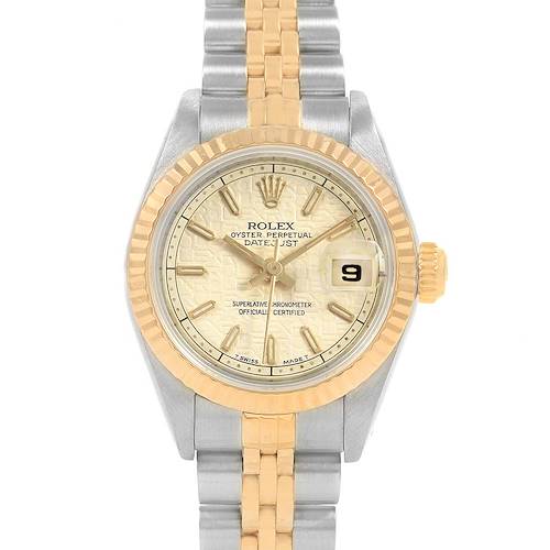 This Rolex Datejust watch is shown from a top-down angle, highlighting the face, bezel, and part of the bracelet.
