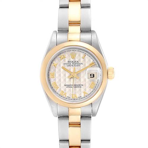 The image shows a front view of the Rolex Datejust watch, highlighting its dial, bezel, and two-tone bracelet.