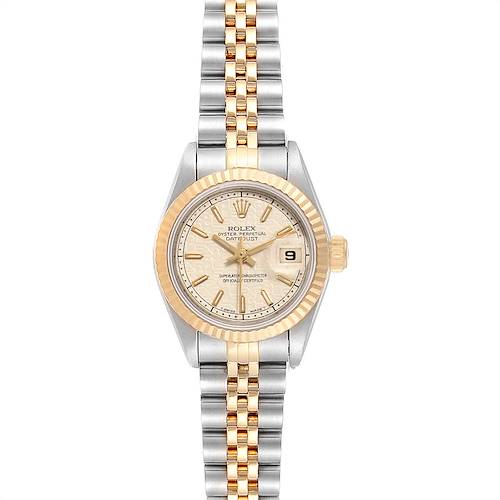 This Rolex Datejust watch is shown from a front angle, displaying its dial, bezel, and two-tone bracelet.