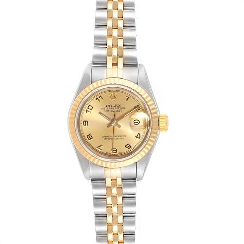 This image shows a front view of the Rolex Datejust watch featuring a gold and silver jubilee bracelet and a gold dial with a date window.
