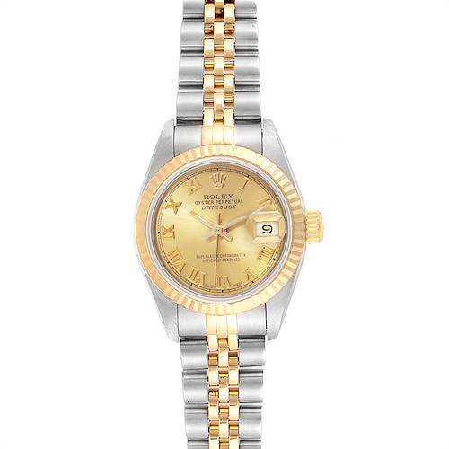 This image shows a front view of a Rolex Datejust watch, highlighting its gold and silver bracelet, fluted bezel, and date display.