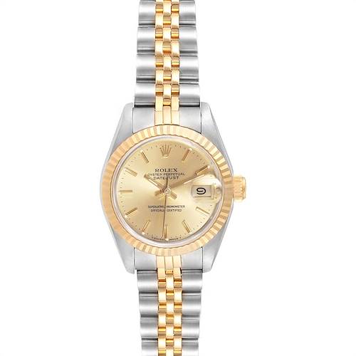 The Rolex Datejust watch is shown from a front angle, featuring its two-tone bracelet, gold fluted bezel, and date display.