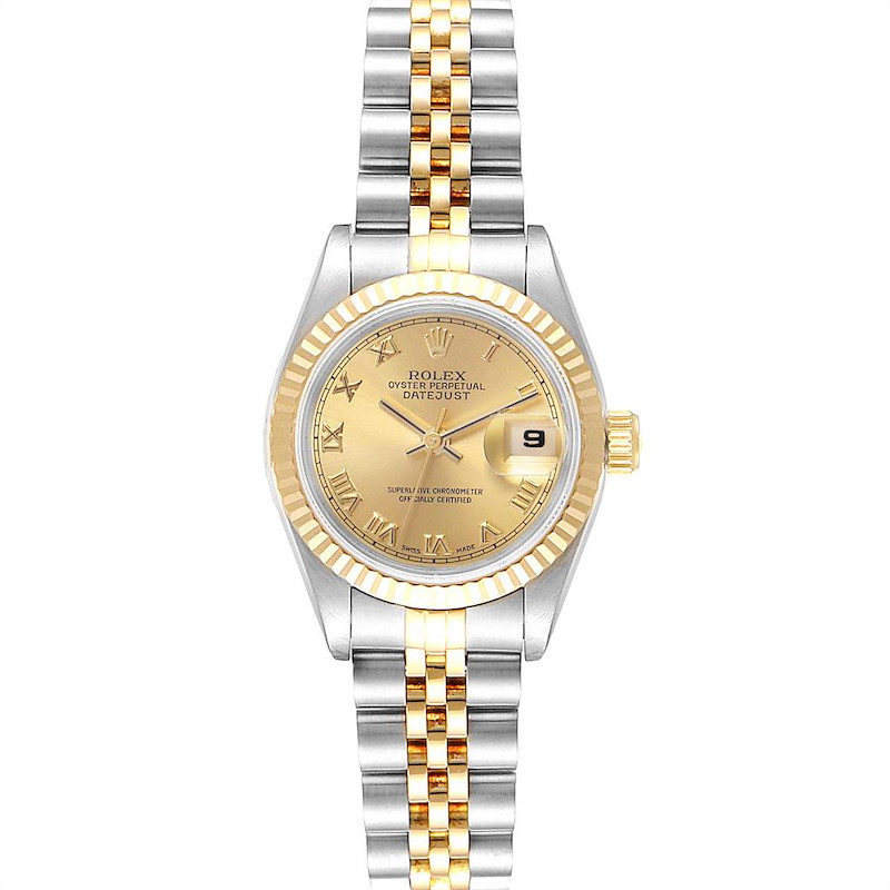 The image shows a Rolex Datejust watch from a direct, front-facing angle, featuring the dial, bezel, and bracelet.