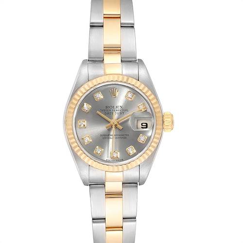The image shows a frontal view of the Rolex Datejust watch, displaying its dial, case, and two-tone bracelet.