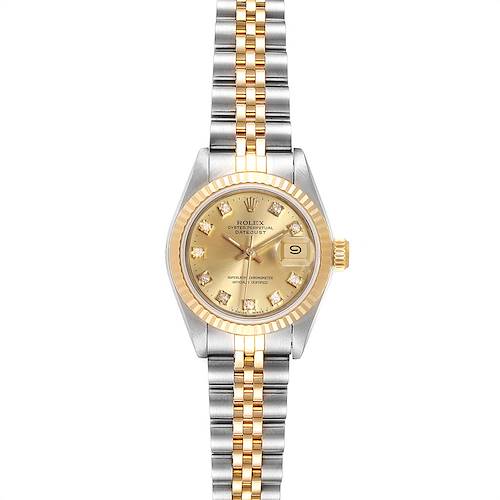This image shows a frontal view of a Rolex Datejust watch featuring a gold dial, diamond hour markers, fluted bezel, and two-tone bracelet.