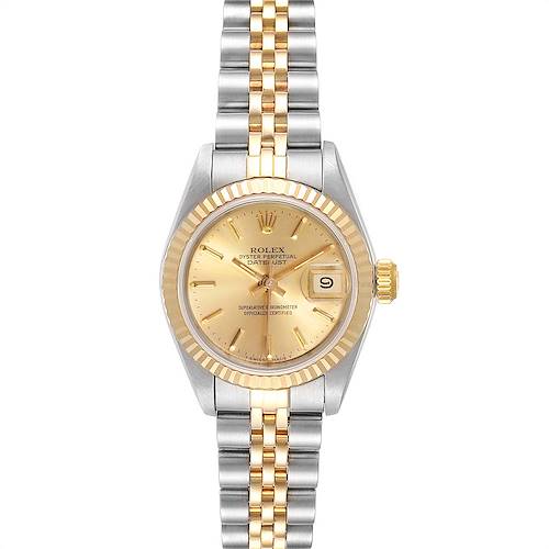This image shows a Rolex Datejust watch from the front, featuring its gold and silver Jubilee bracelet, dial, and fluted bezel.
