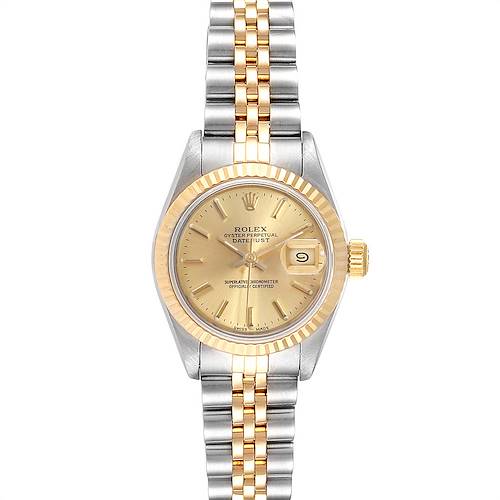 The image shows a front view of the Rolex Datejust watch, showcasing the dial, bezel, and two-tone bracelet.