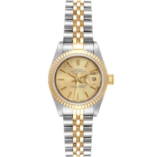 This image shows a front view of the Rolex Datejust watch, highlighting the gold and silver jubilee bracelet, date window, and fluted bezel.