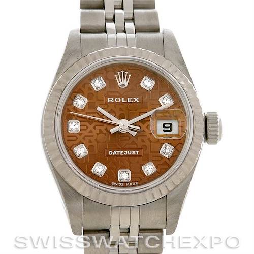 The image shows a close-up view of the Rolex Datejust watch, highlighting the dial, bezel, hands, and part of the bracelet.