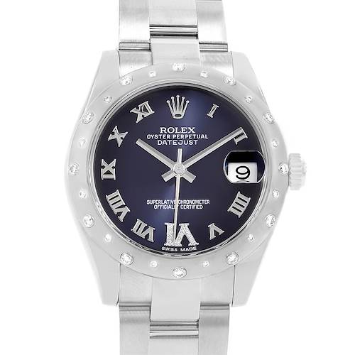This image shows a front view of a Rolex Oyster Perpetual Datejust Mid-Size watch, including the dial, bezel, bracelet, and crown.