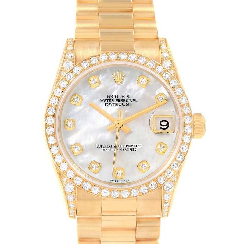 The image shows a front view of the Rolex Mid-Size Datejust watch with a gold bracelet, diamond bezel, and mother-of-pearl dial.